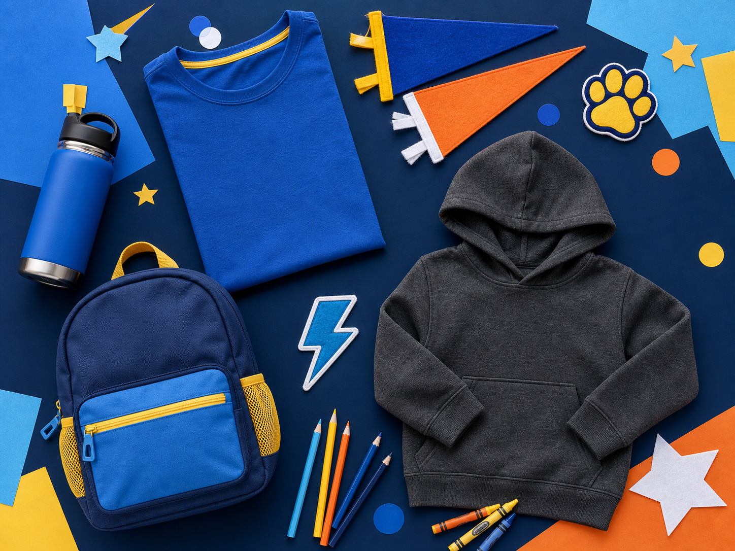 Colorful elementary school spirit shirts, backpack, water bottle, pencils, and school patches